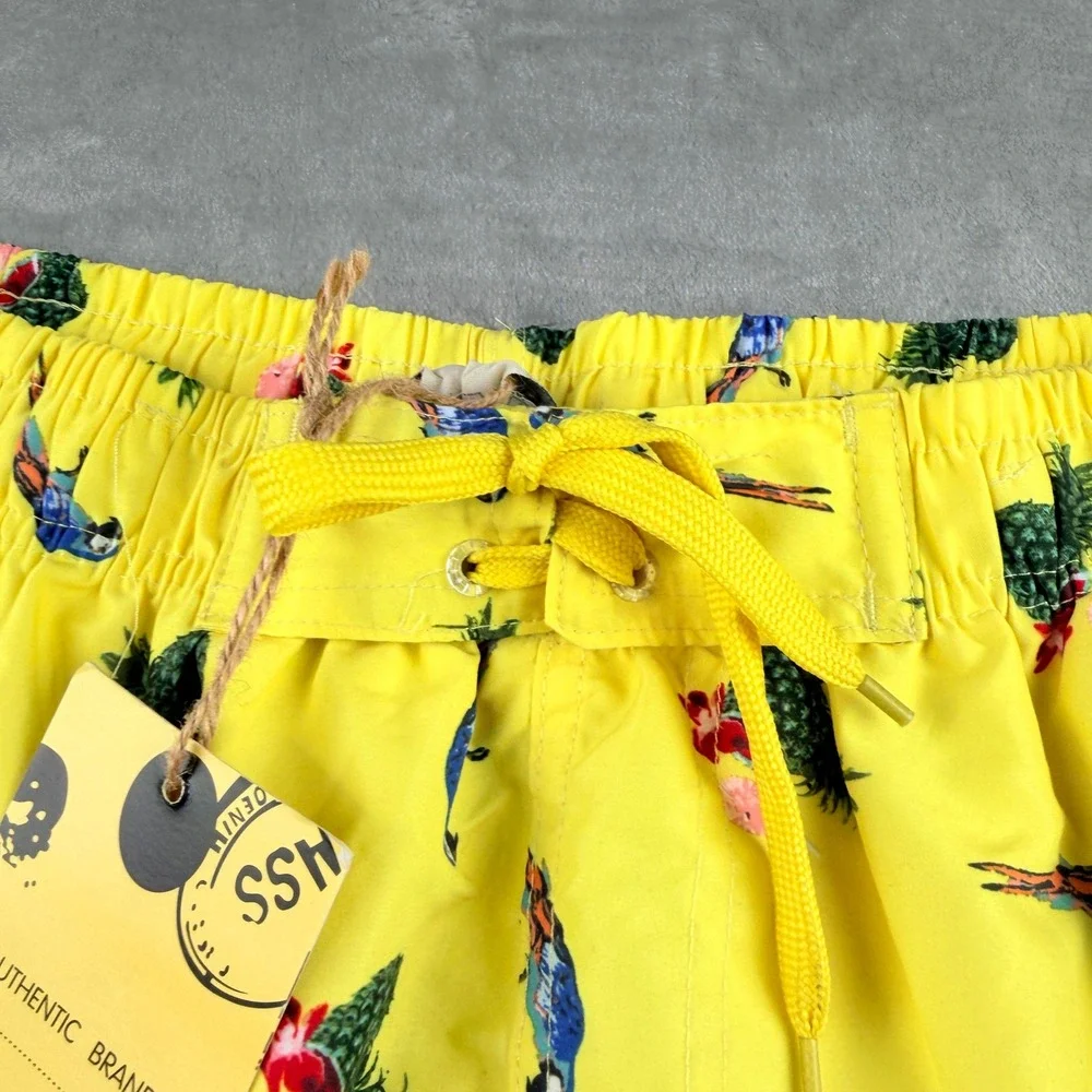 The‎ Image Men's Large Yellow Tropical Parrot Pineapple Swim Trunks Cargo Shorts